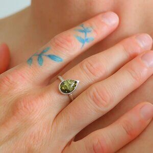Baltic Green Amber Pear Cut Ring in 925 Sterling Silver Size 8